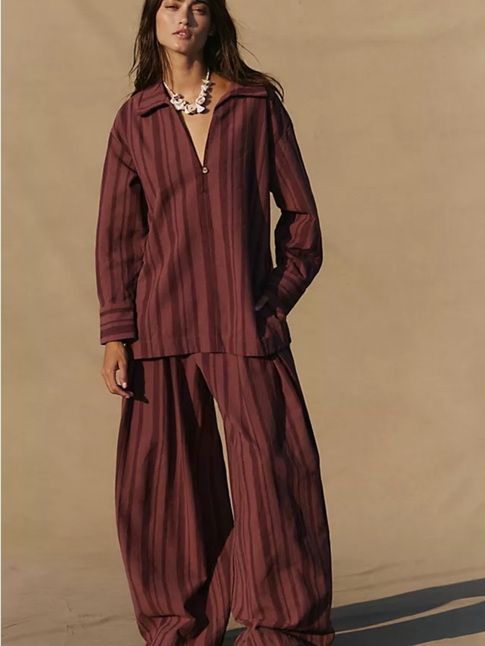 Striped Wide-Leg Pants and Shirt Set - Burgundy - Picture 1 of 10